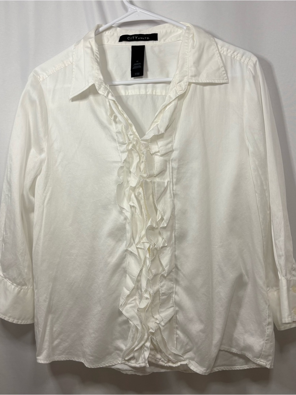 Vintage City Unlimited White Ruffle Front Collared Shirt 100% Cotton Size 14